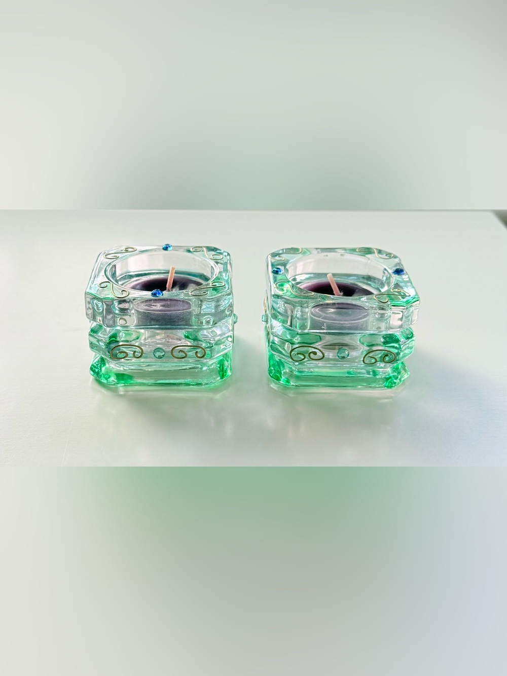 PartyLite Green Glass Square Tea Light Holders with Decorative Accents